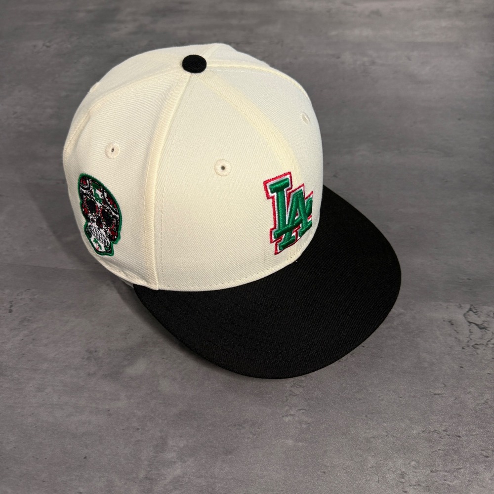 Hat Club Los Angeles Dodgers New Era Cap 7 1/8 Cream Black Green Red Sugar Skull